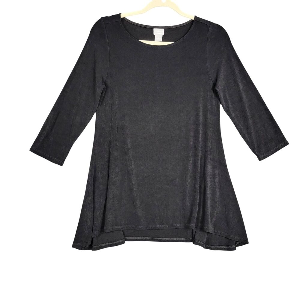 CHICOS TRAVELERS Black Slinky Knit Handkerchief Hem Top SIZE 0 US 4 / 6 SMALL